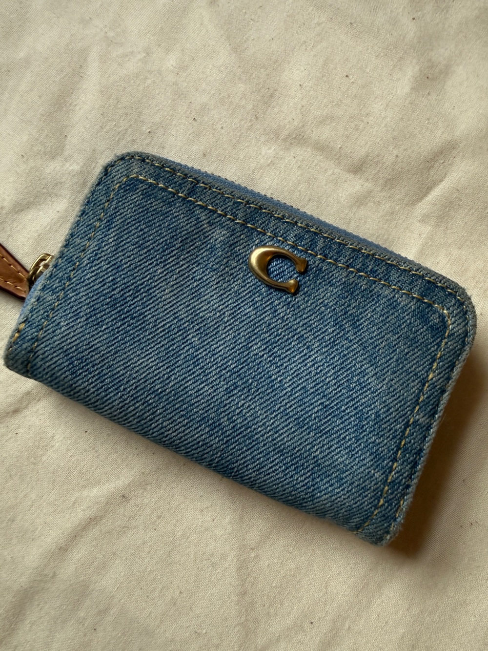 Coach Blue Denim Zip Card Wallet with Gold C Accent